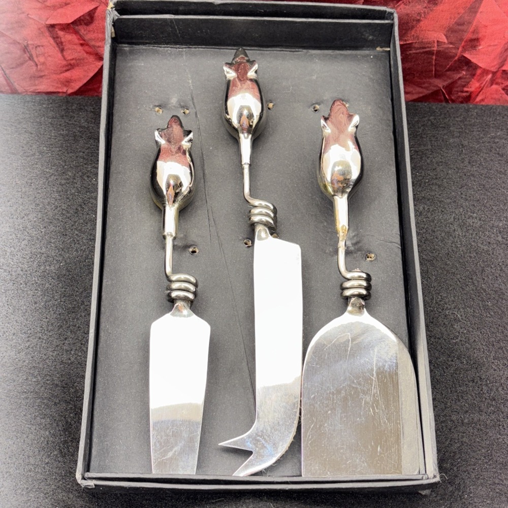 Wisteria Stainless Steel & Metal Mouse Handle Cheese Knife 3 Pc Set Orig Box
